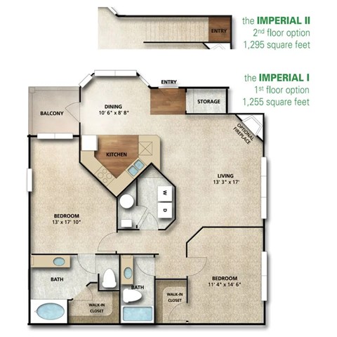 Floor plan for 2 beds, 2 baths, 1255 sqft