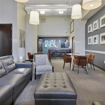 Richmond apartment for rent - A modern living room with a grey sofa and a patterned chair.