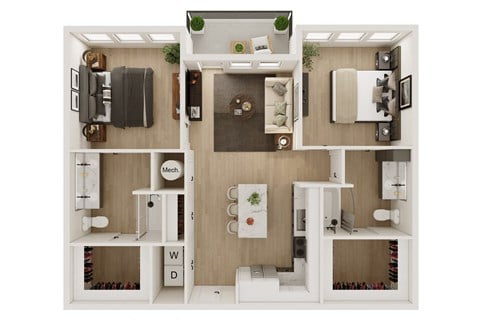 Floor plan for 2 beds, 2 baths, 1089 sqft