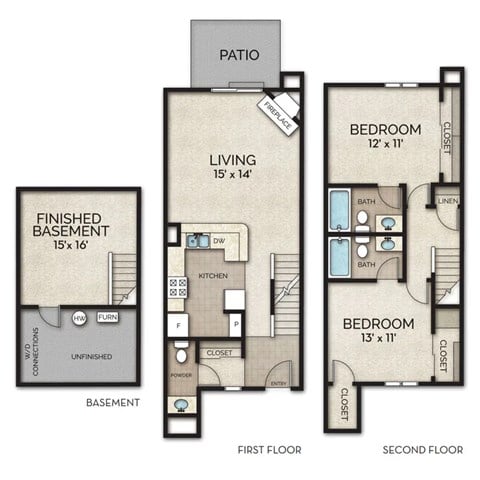 Floor plan for 2 beds, 2.5 baths, 1381 sqft
