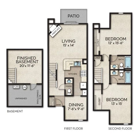 Floor plan for 2 beds, 2.5 baths, 1477 sqft