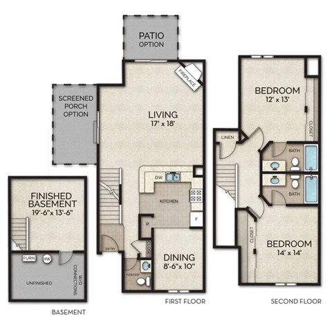 Floor plan for 2 beds, 2.5 baths, 1538 sqft