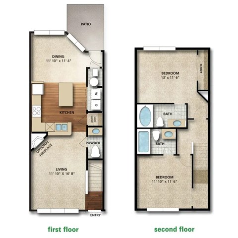 Floor plan for 2 beds, 2.5 baths, 1155 sqft