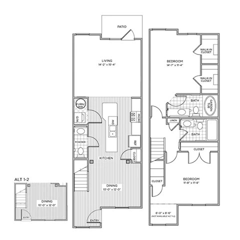 Floor plan for 2 beds, 2.5 baths, 1287 sqft