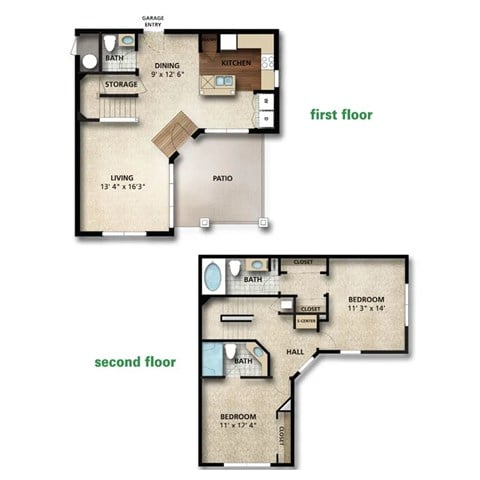 Floor plan for 2 beds, 2.5 baths, 1345 sqft