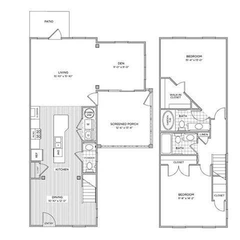 Floor plan for 2 beds, 2.5 baths, 1521 sqft