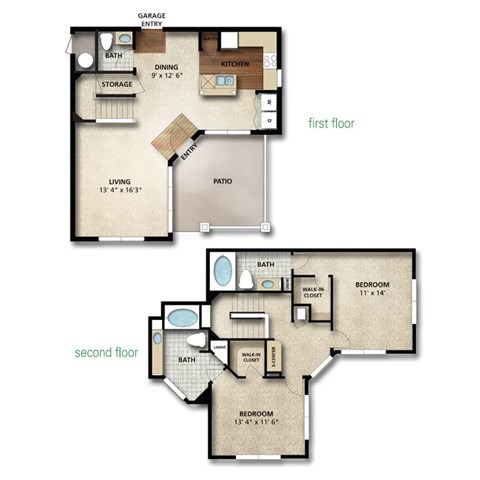 Floor plan for 2 beds, 2.5 baths, 1395 sqft