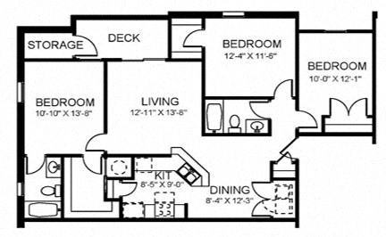 Floor plan for 3 beds, 2 baths, 1100 sqft
