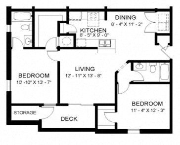Floor plan for 2 beds, 2 baths, 1000 sqft