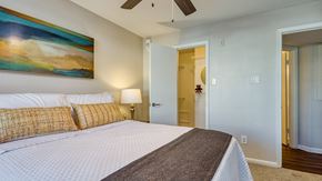 Silver Spring apartment for rent - A bedroom with a large bed and a painting on the wall.