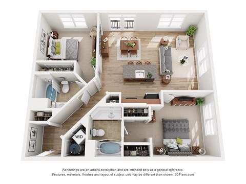 Floor plan for 2 beds, 2 baths, 1100 sqft