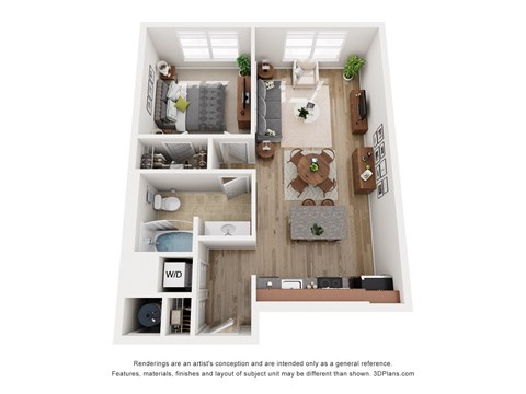 Floor plan for 1 bed, 1 bath, 690 sqft