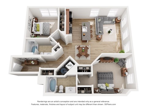 Floor plan for 2 beds, 2 baths, 1139 sqft