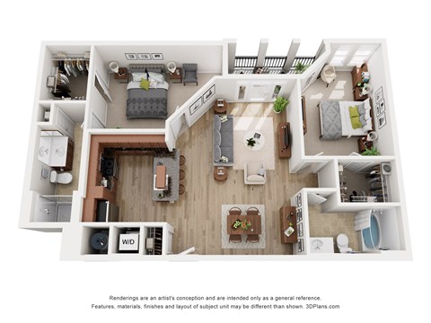 Floor plan for 2 beds, 2 baths, 1153 sqft