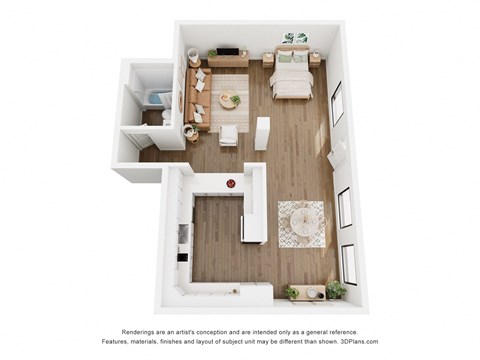 Floor plan for studio, 1 bath, 673 sqft