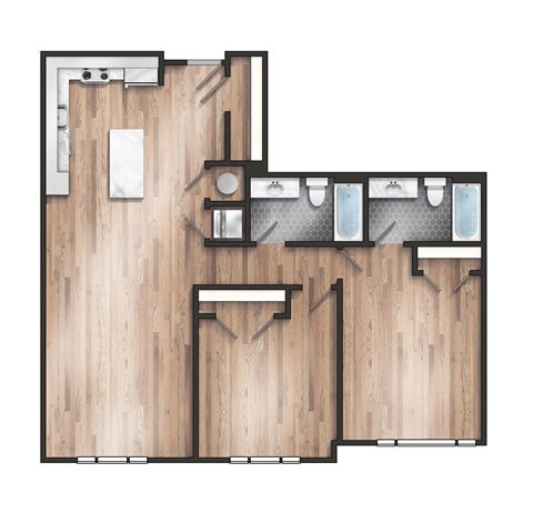 Floor plan for 2 beds, 2 baths, 1141 sqft