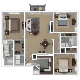 Floor plan for 3 beds, 2 baths, 1273 sqft
