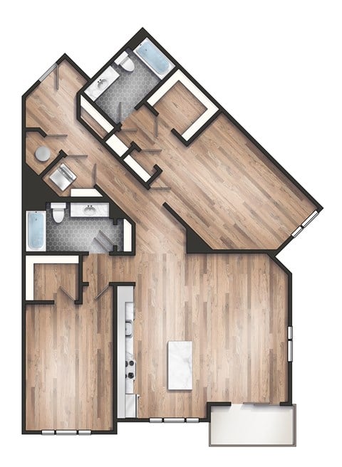 Floor plan for 2 beds, 2 baths, 1372 sqft