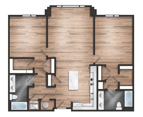 Floor plan for 2 beds, 2 baths, 1227 sqft