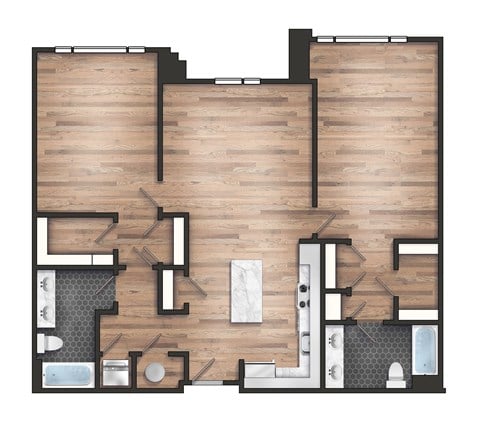Floor plan for 2 beds, 2 baths, 1272 sqft