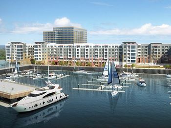 Aerial view of pier and harbor in front 