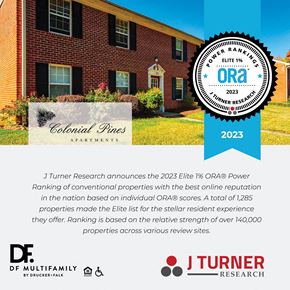 Williamsburg apartment for rent - J Turner Research announces the 2023 Elite 1%  ORA Power Ranking of conventional properties with the best online reputation in the nation based on individual ORA scores.