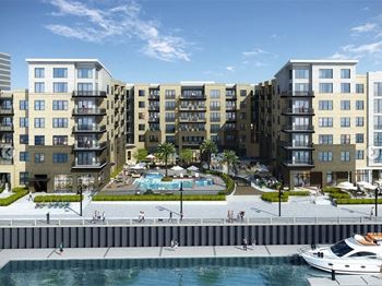 Aerial view of resort-inspired salt water pool with splash decks at pier 33 apartments