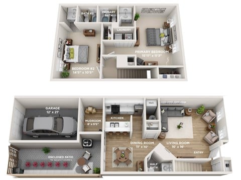 Floor plan for 2 beds, 2.5 baths, 1345 sqft