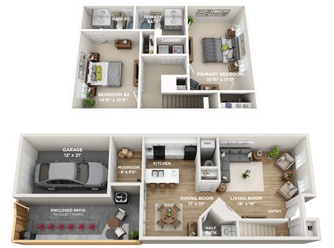 Floor plan for 2 beds, 2.5 baths, 1345 sqft
