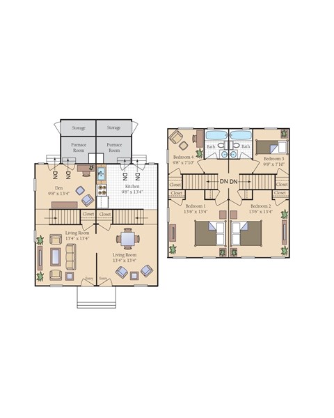 Floor plan for 4 beds, 2 baths, 1540 sqft