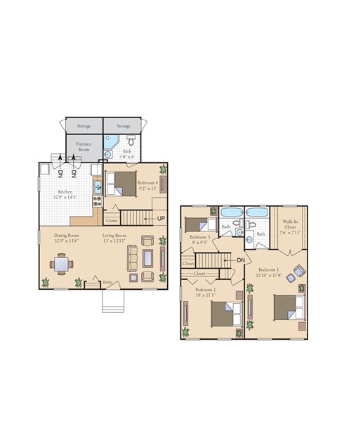 Floor plan for 4 beds, 3 baths, 1460 sqft