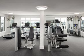 Norfolk apartment for rent - A gym with a variety of equipment including treadmills, weights, and exercise machines at The Port at East Beach Apartments and Marina in Virginia, 23518