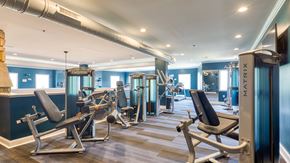 Lynchburg apartment for rent - a gym with cardio machines and weights on a wooden floor