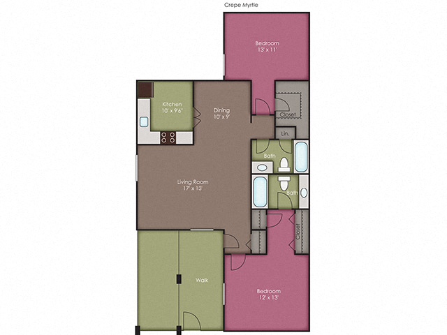 Floor plan for 2 beds, 2 baths, 1050 sqft