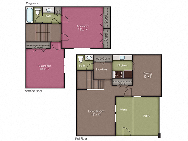 Floor plan for 2 beds, 1.5 baths, 1200 sqft