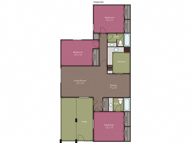 Floor plan for 3 beds, 2 baths, 1250 sqft