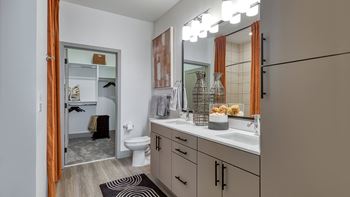 A bathroom with a large mirror and a sink and a toilet