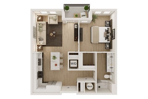 Floor plan for 1 bed, 1 bath, 801 sqft
