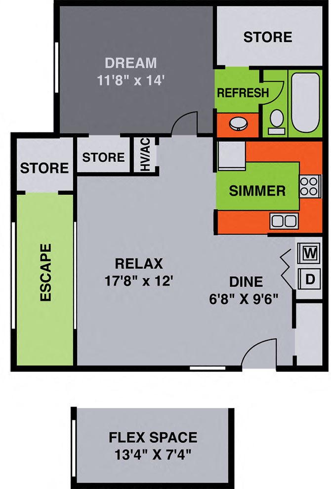 Floor plan for 1 bed, 1 bath, 860 sqft