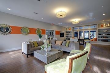Raleigh apartment for rent - A living room with a grey couch and a green chair.