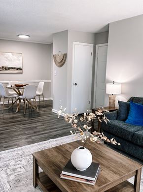 Hampton apartment for rent - A living room with a grey couch, a wooden coffee table, and a painting on the wall.