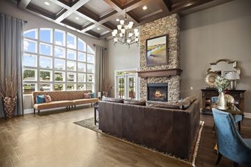 Carthage apartment for rent - A living room with a brown leather couch and a stone fireplace.