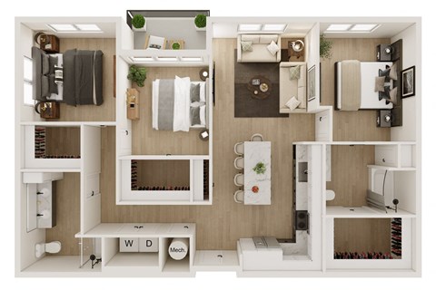 Floor plan for 3 beds, 2 baths, 1363 sqft