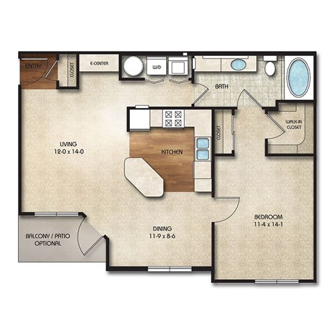 Floor plan for 1 bed, 1 bath, 820 sqft
