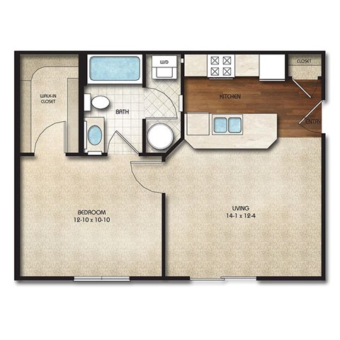 Floor plan for 1 bed, 1 bath, 580 sqft