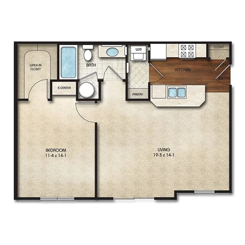 Floor plan for 1 bed, 1 bath, 720 sqft