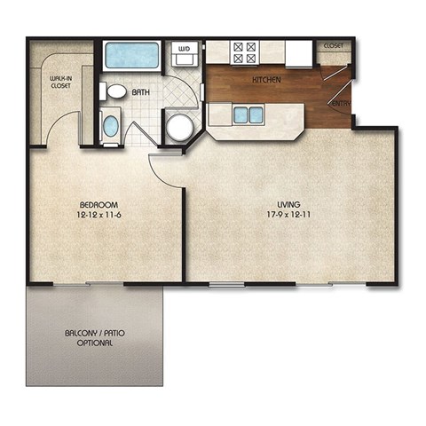 Floor plan for 1 bed, 1 bath, 660 sqft