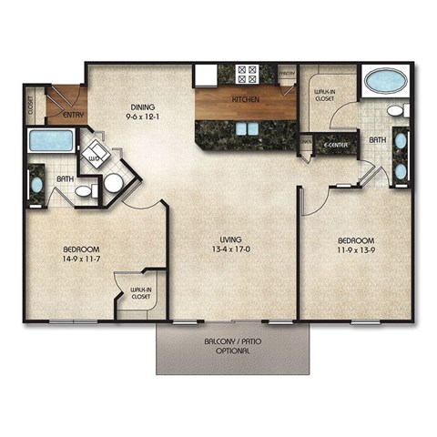 Floor plan for 2 beds, 2 baths, 1125 sqft