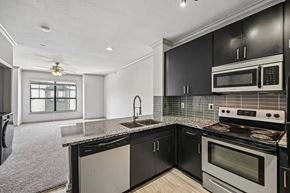 Columbus apartment for rent - A modern kitchen with black cabinets and a white stove top oven.