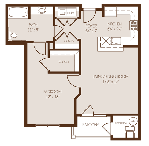 Floor plan for 1 bed, 1 bath, 789 sqft